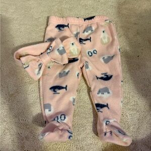 Chick Pea Pink Fleece Baby Pants with Sea Animal Print & headband